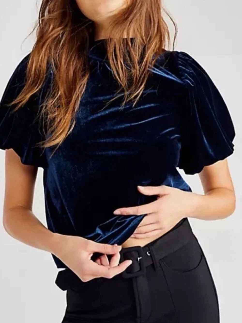 Free People Claudia Velvet Puff Sleeve Top Blouse Outerspace Blue Large